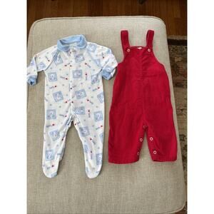 Vintage 70s Lot of 2 Red Corduroy Bib Overalls 6 mths Babygro Baby Sleeper Pjs